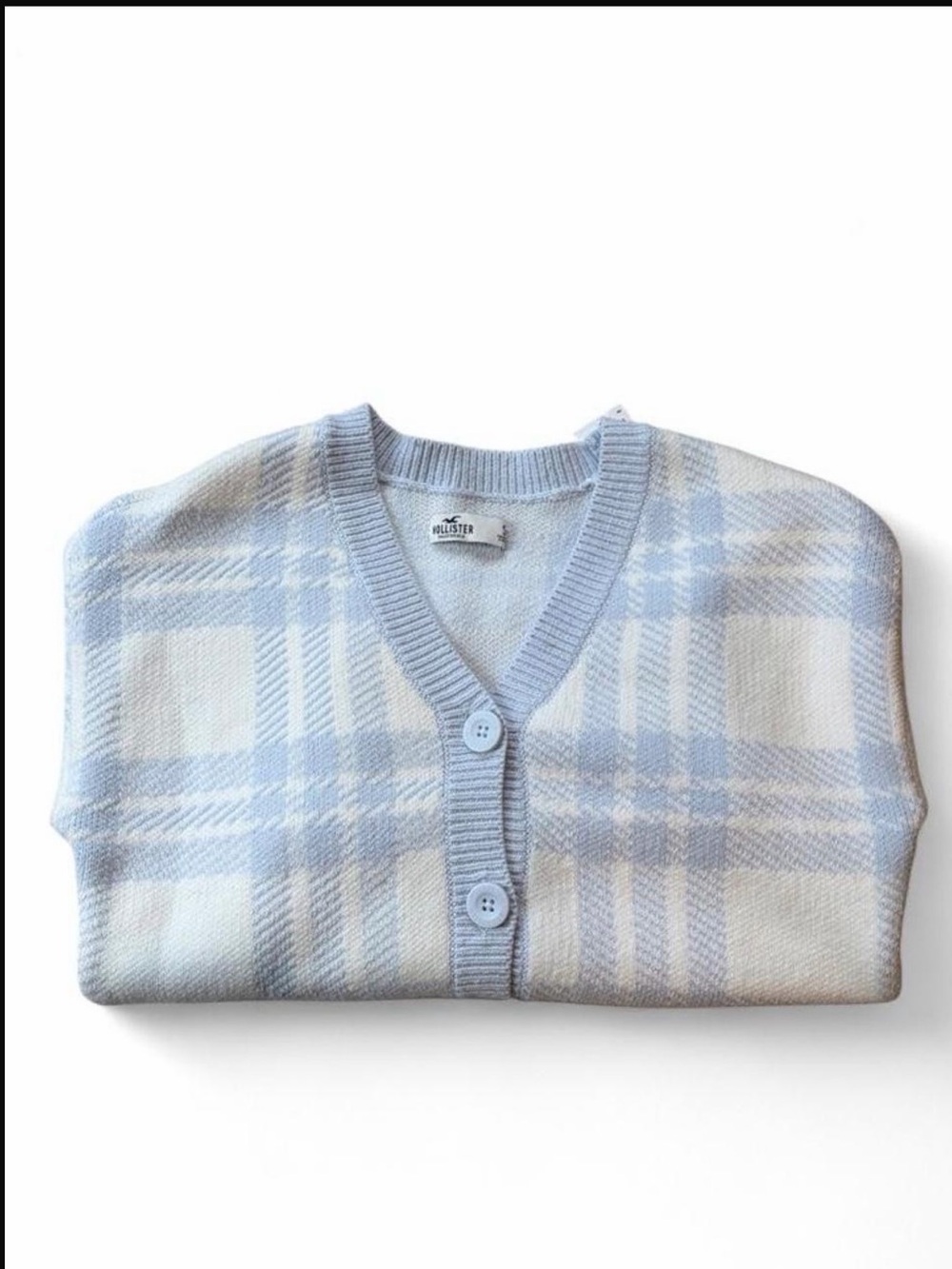 Hollister Pastel Blue and White Plaid V-Neck Cardigan